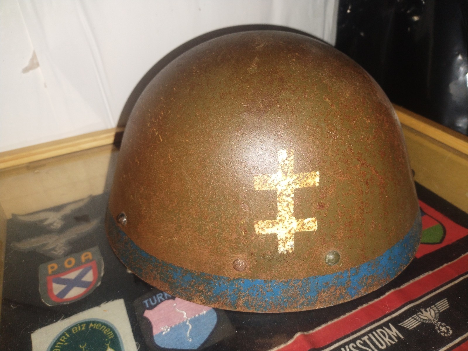 WW2 Slovakian Axis Puppet State Blue Stripe vz.32 Egg Shell Steel Helmet Czech