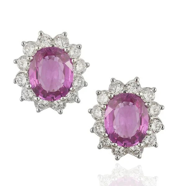 14K White Gold Over Pink Sapphire and Diamond Halo Earrings With Omega Clip Back
