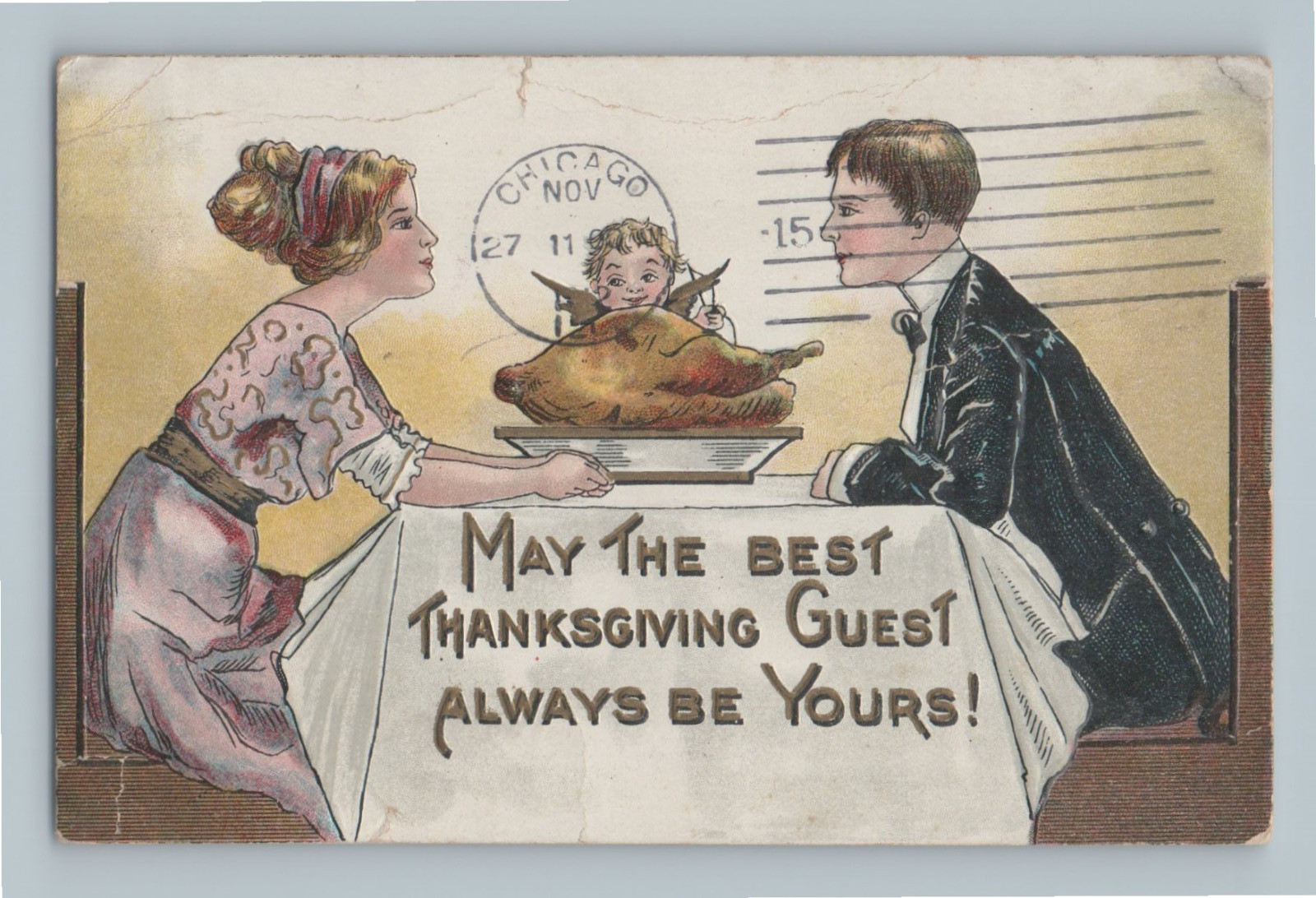 Thanksgiving Guest Cupid and Romantic Couple Turkey Dinner Vintage Postcard H1