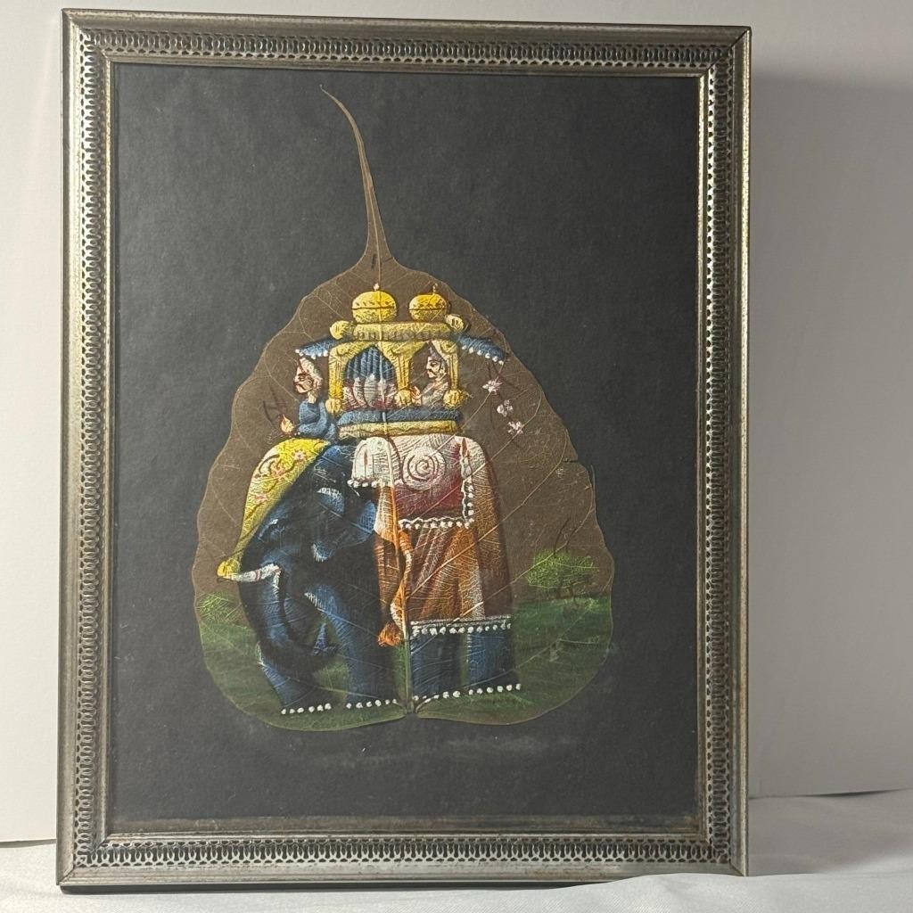 Vintage Real PIPAL tree Leaf painting Indian Royal India ELEPHANT framed 8 x 10