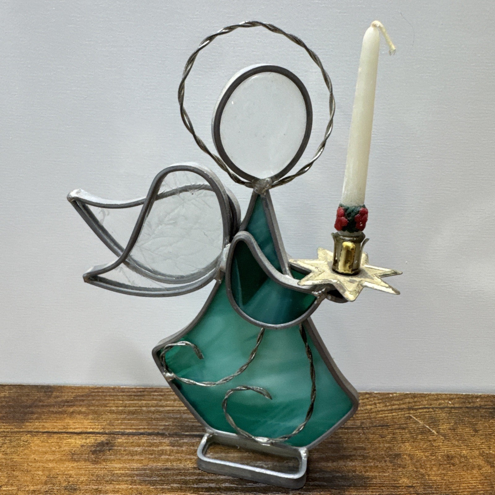 Stained Glass Angel Holding Candle Standing Figure Teal Blue Candle Holder 7″
