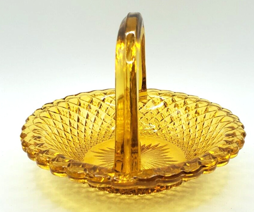 Glass Handled Basket Yellow Diamond Pattern Mid Century