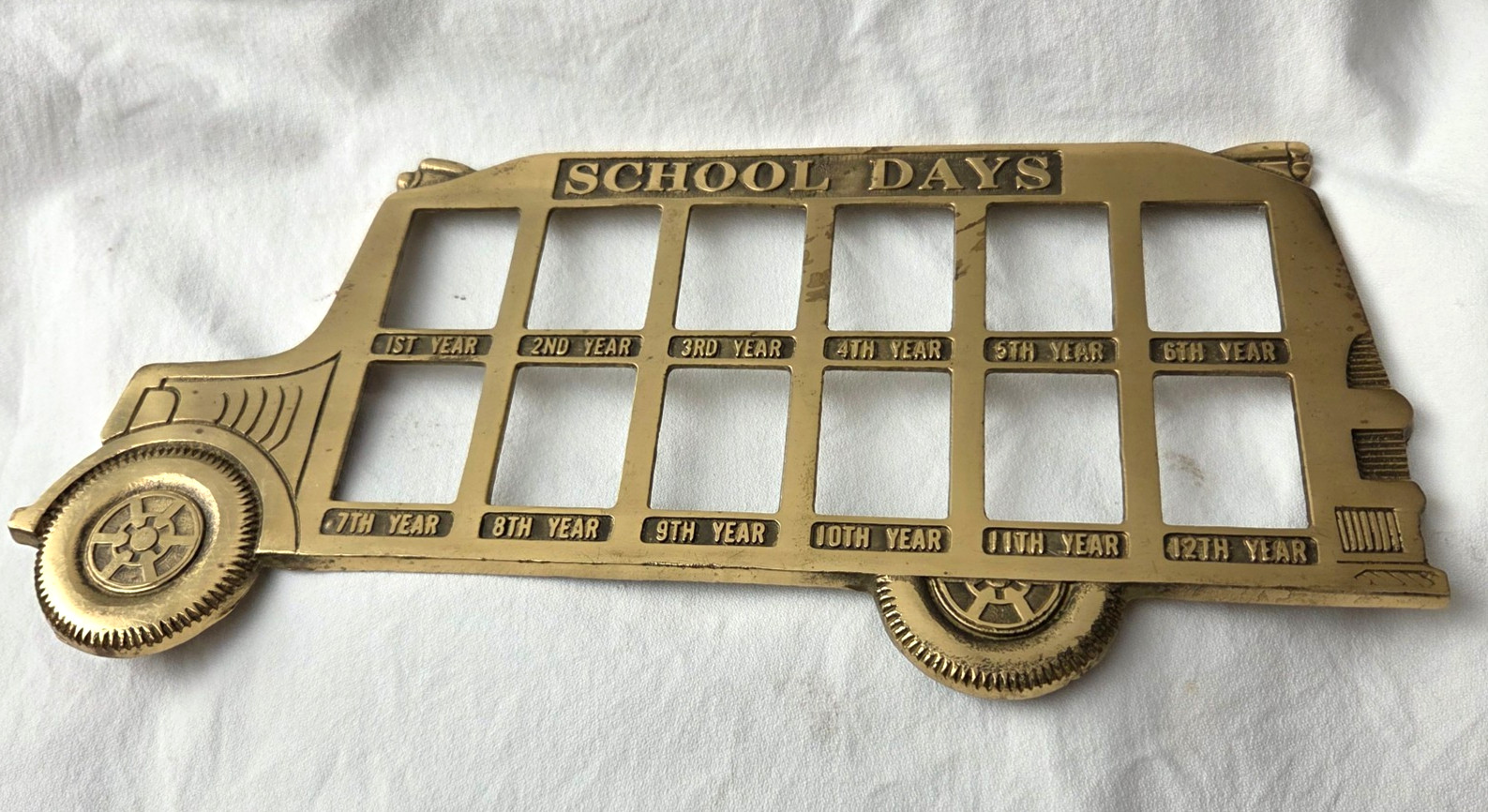 Vtg Brass Photo Picture Frame School Days Bus 1st to 12th Grade School Photos