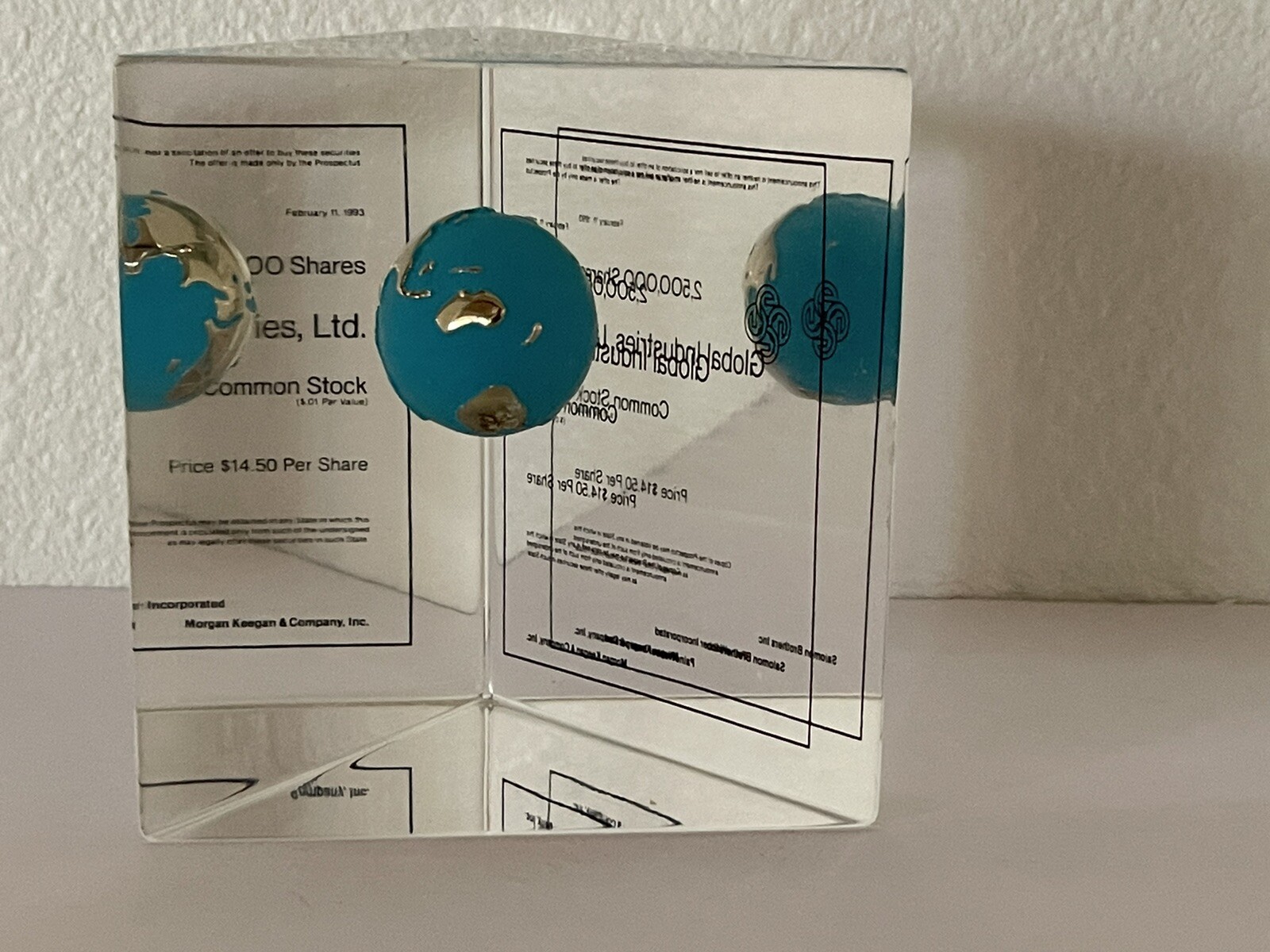 Acrylic Triangle Paperweight Floating Blue & Gold Globe Advertising