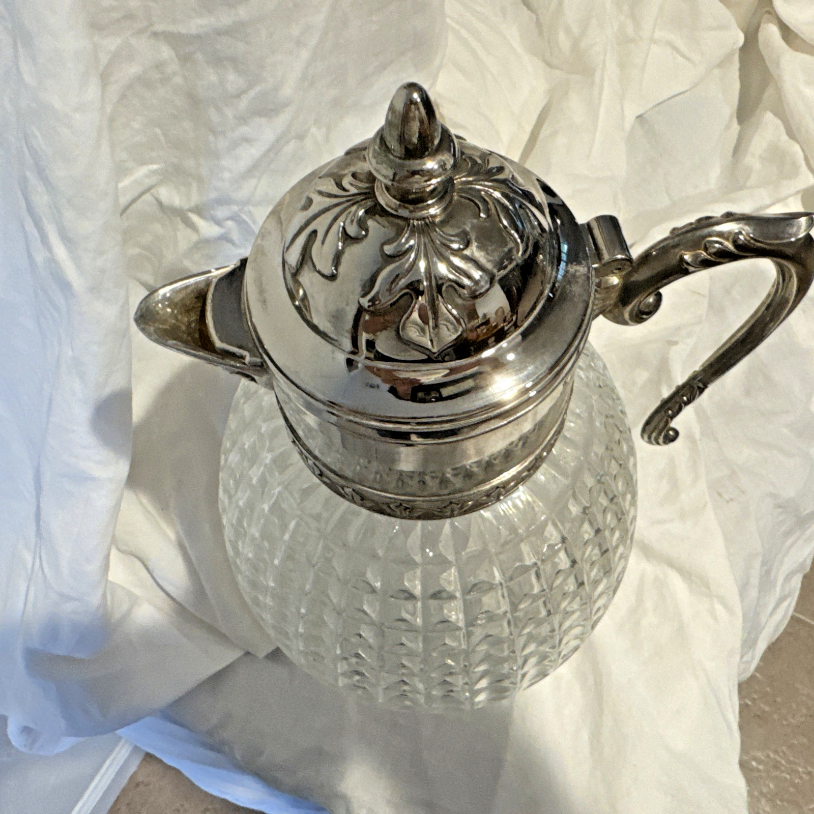 Vintage Beverage Pitcher Pressed Glass Embossed Silver Plate Ice Cube Tube Italy