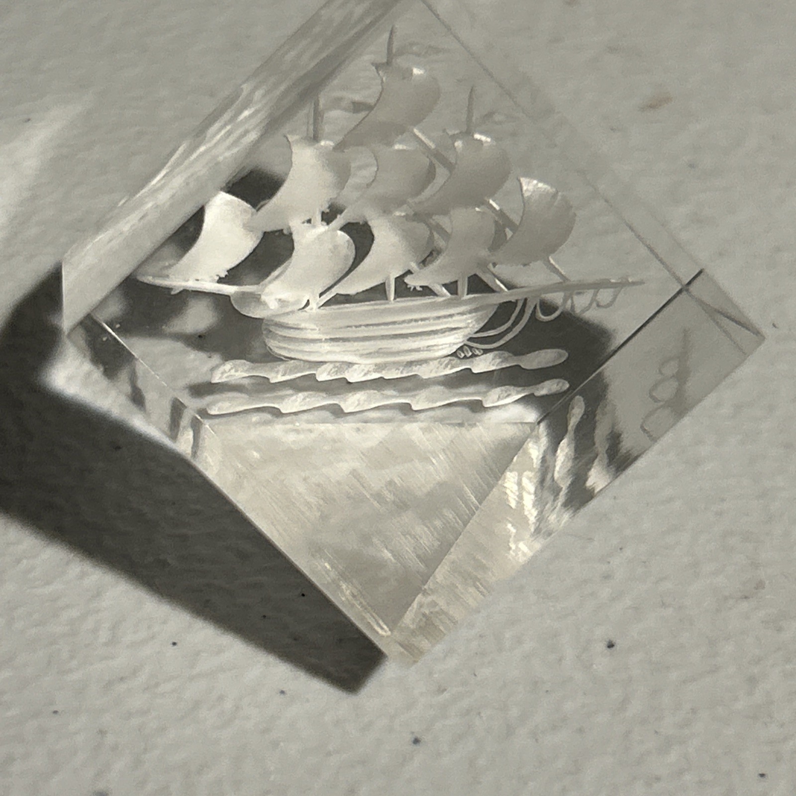 Vintage acrylic square etched ship approximately 1 inch Square Office Decor