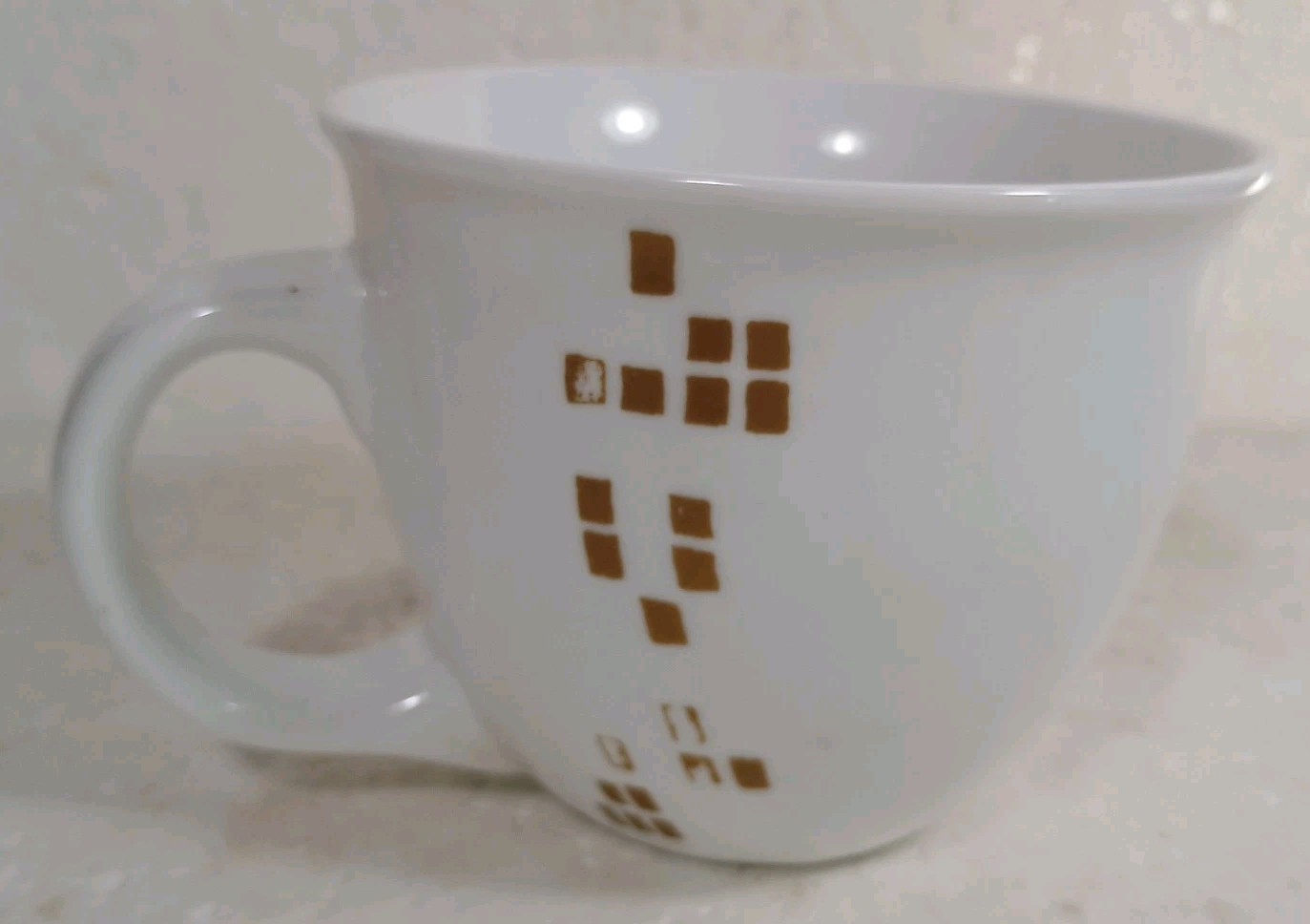 Starbucks White Gold Geometric Pine Tree Snowflakes Coffee Mug 14 oz