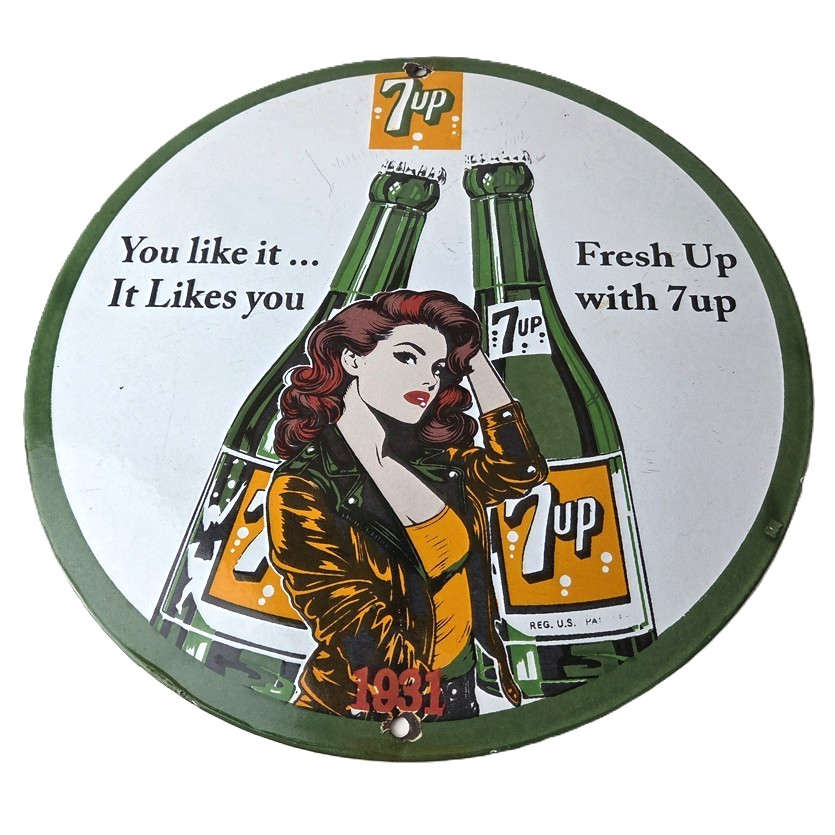 Vintage 7 Up Soda Sign – Advertisement Piggly General Store Porcelain Gas Sign