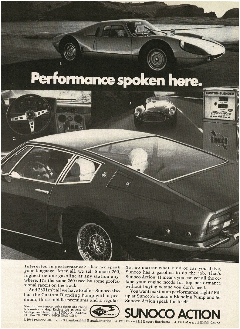 1972 SUNOCO 260 Gasoline ’71 Maserati Ghibli Coupe ’64 Porsche 904 Vintage Ad