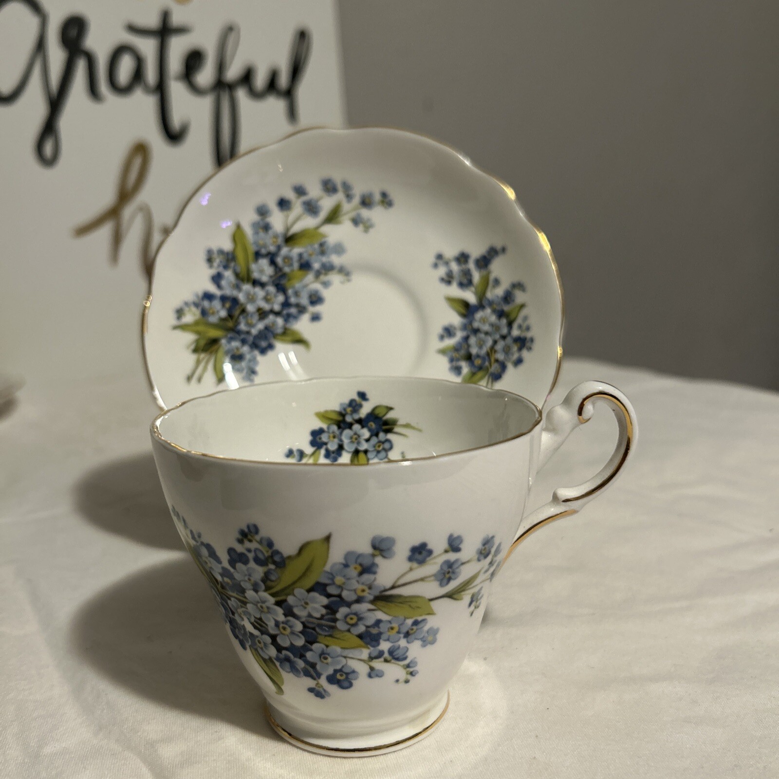 Regency Bone China England Forget Me Not Pattern Tea Cup Saucer Set Vintage
