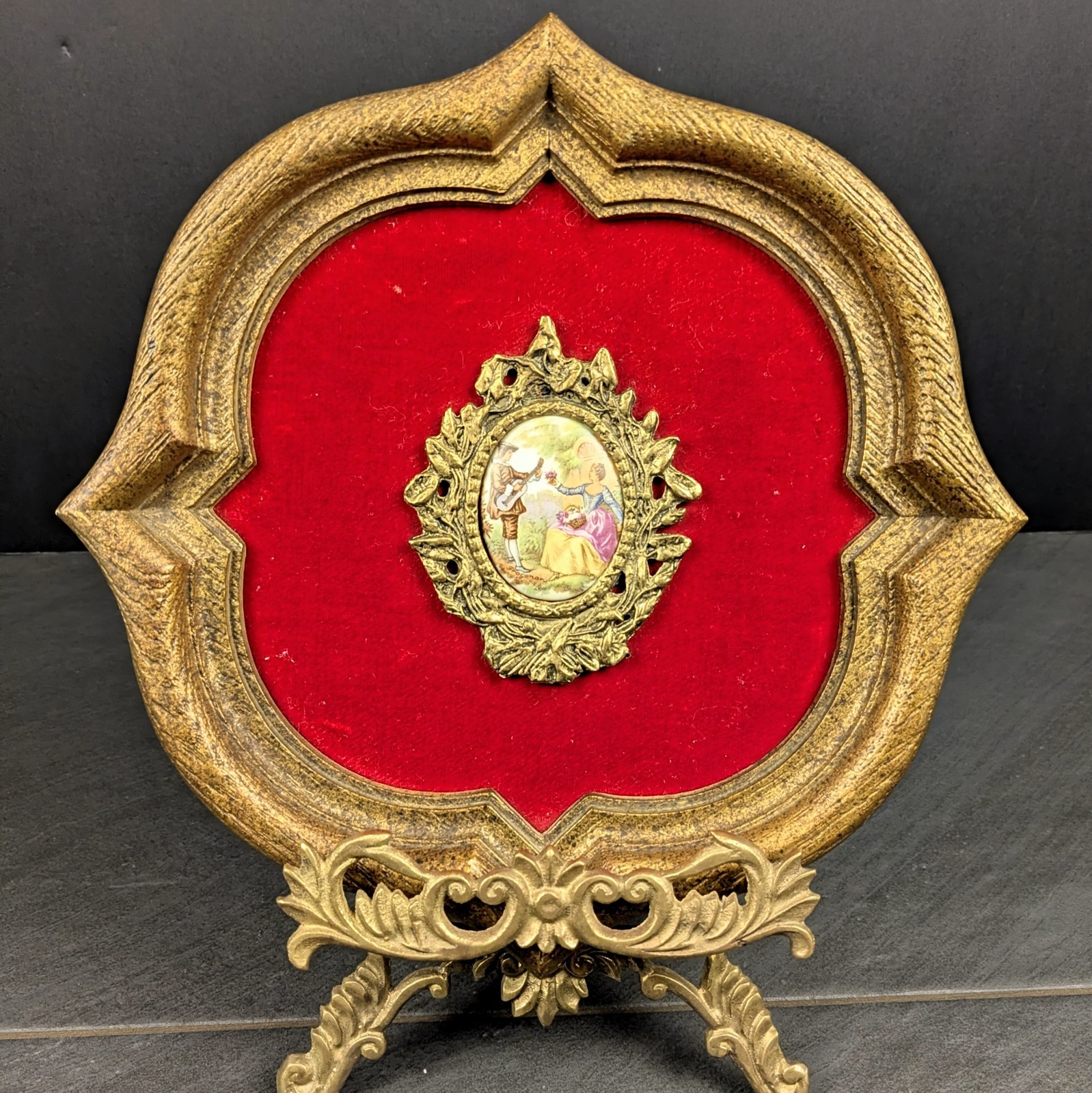 Vintage Red Velvet Cameo Wall Plaque Gold Florentine Style Courting Scene Decor