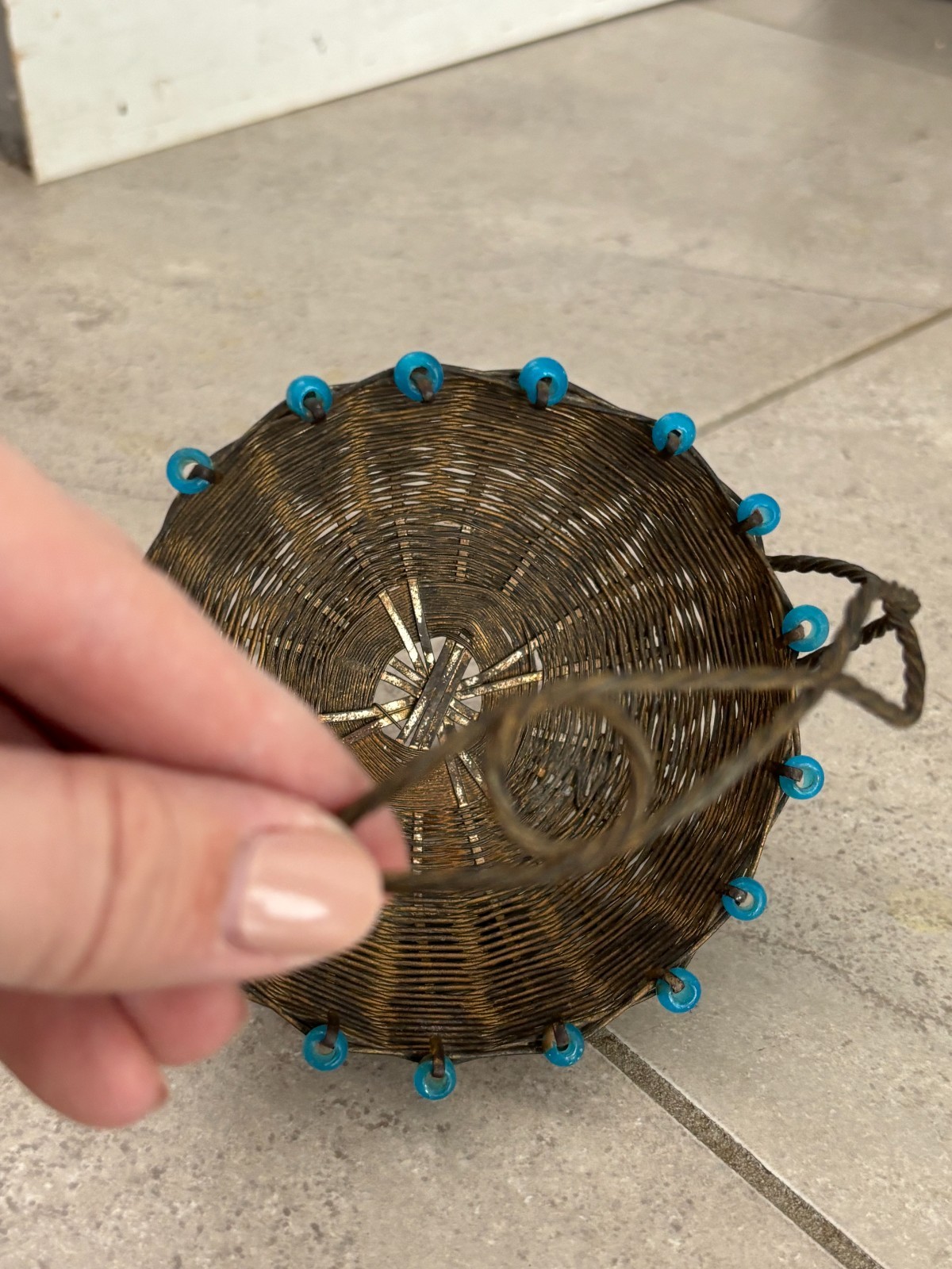 Antique 1800s Germany Silverplate Woven Metal Blue Bead Round Candy Basket Small