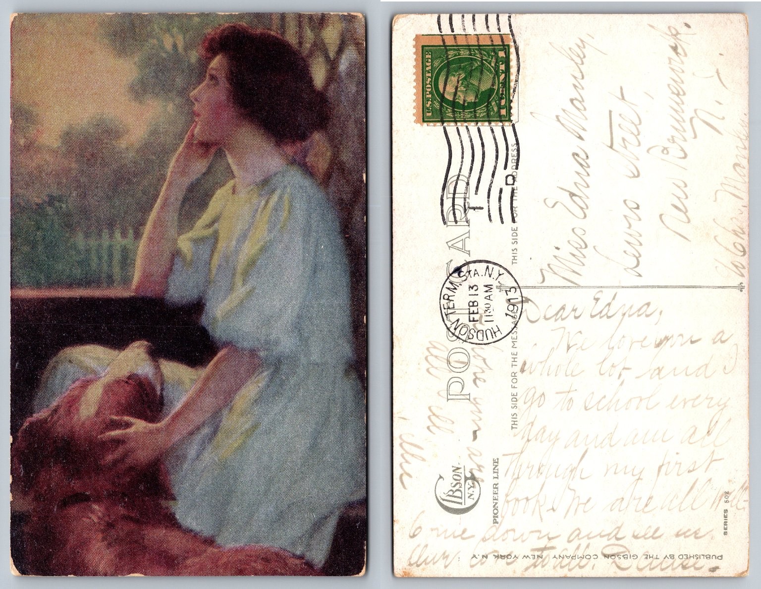 1913 Gibson Co. Art Postcard Romantic Lady with Dog Hudson Terminal Postmark