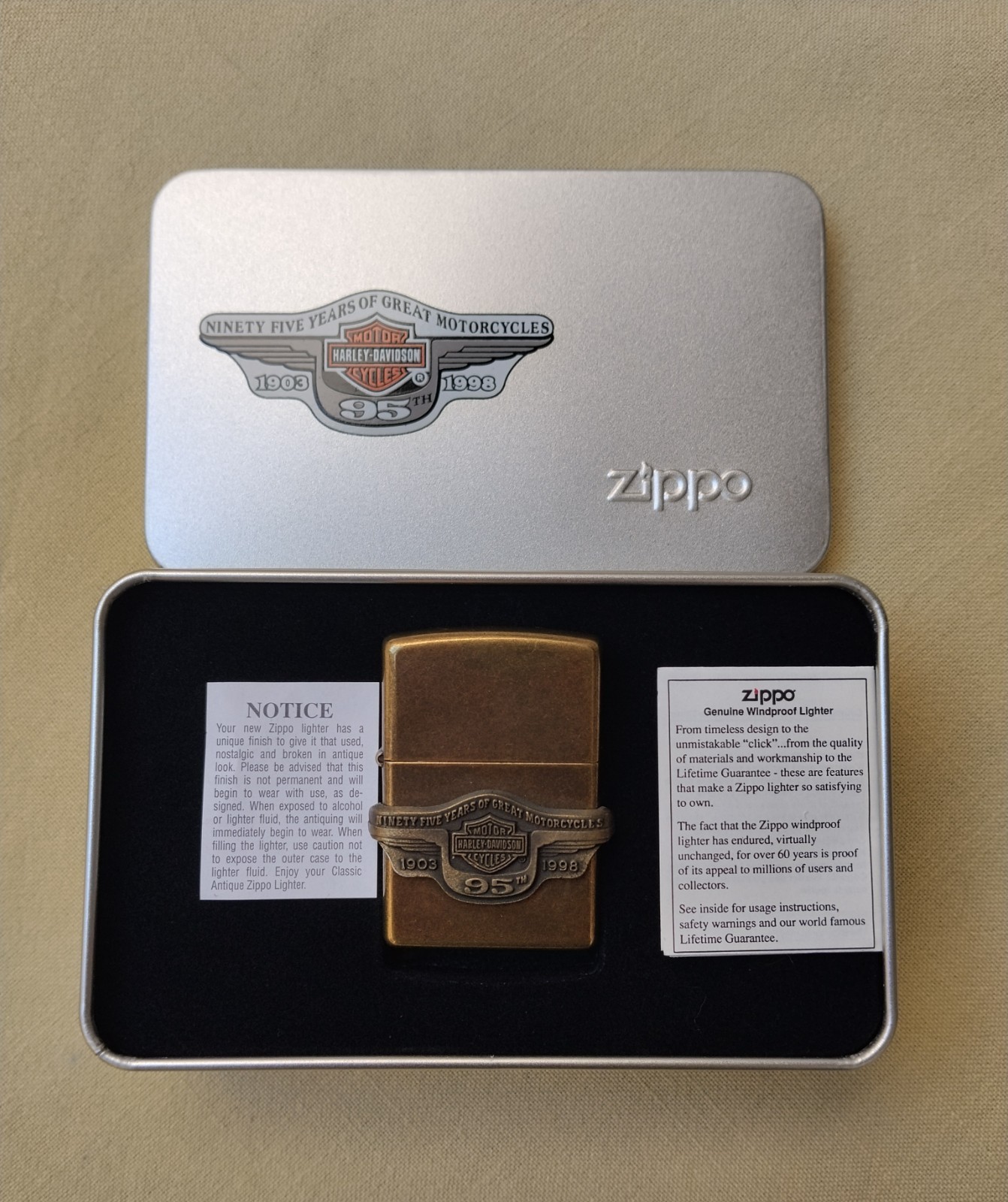 ​Vintage 1998 Zippo Harley-Davidson 95th Anniversary Antique Brass Lighter Unfir