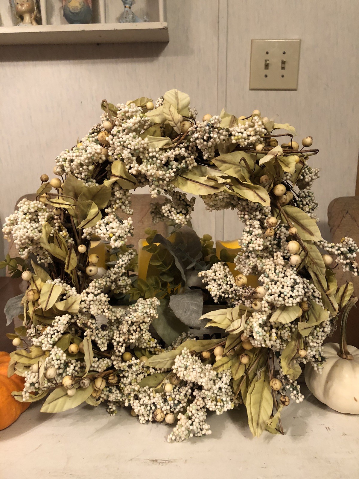 Winter Wreath Grapevine Artificial White Berries Leaves Rustic Autumn Decor 11”