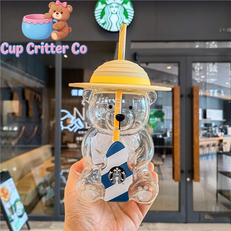 New Starbucks Korea 2022 Summer Yellow Hat Bear 473ml Glass Straw Cup Tumbler