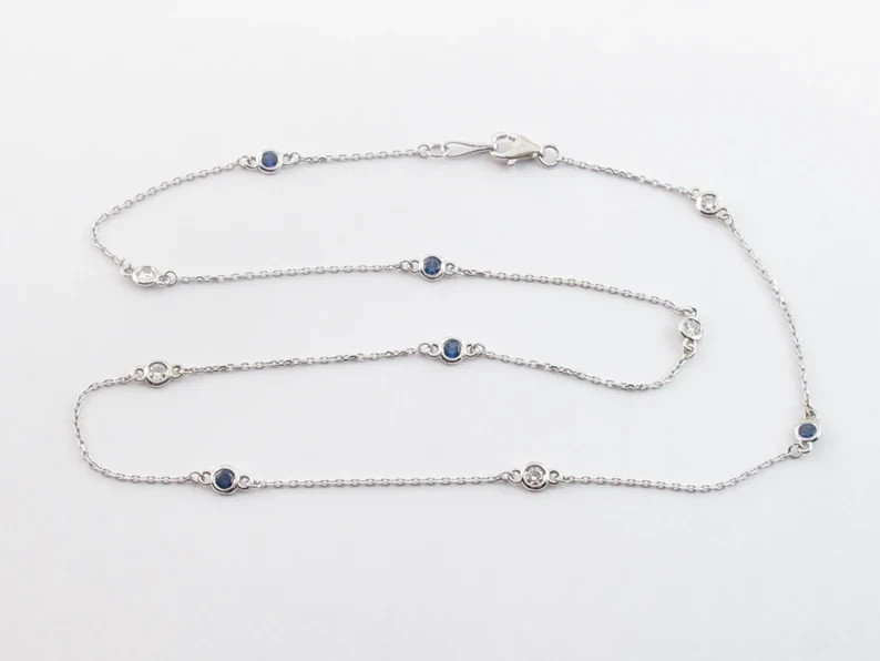 14K White Gold Over Diamond And Sapphire By The Yard Station Necklace 16″, 18″
