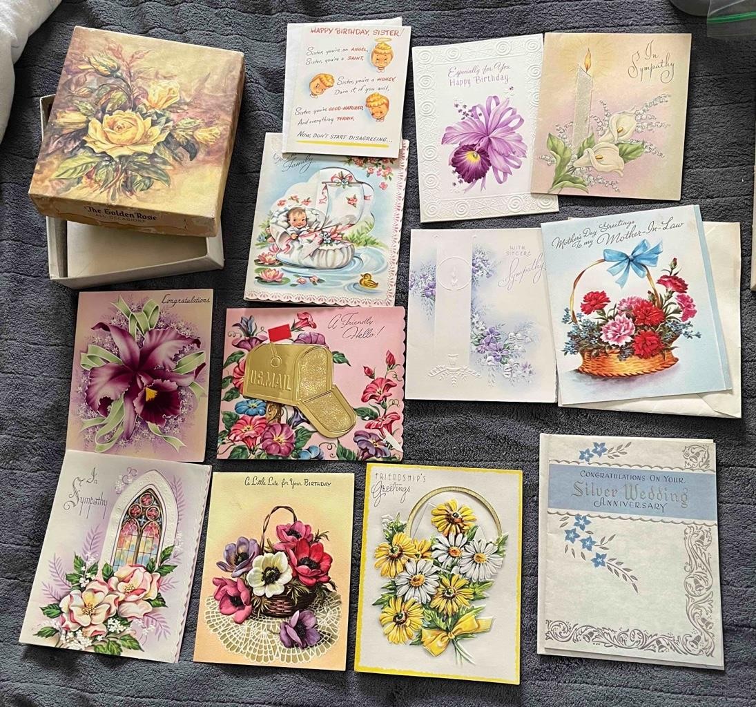 Vintage lot 12 Greeting Cards All Occasion Golden Rose Box Clean No Odor