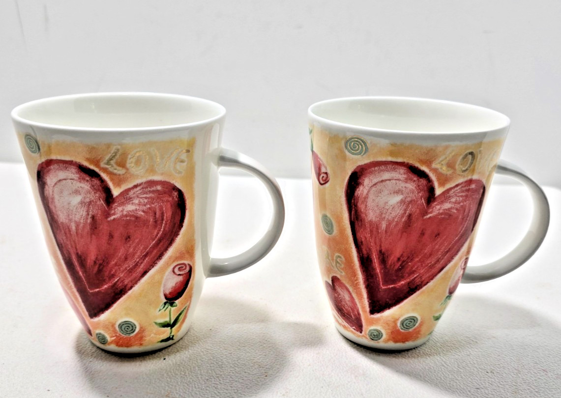 2 Elegance Tea/Coffee MUG Cup Love Admire Care Heart Print England Bone China
