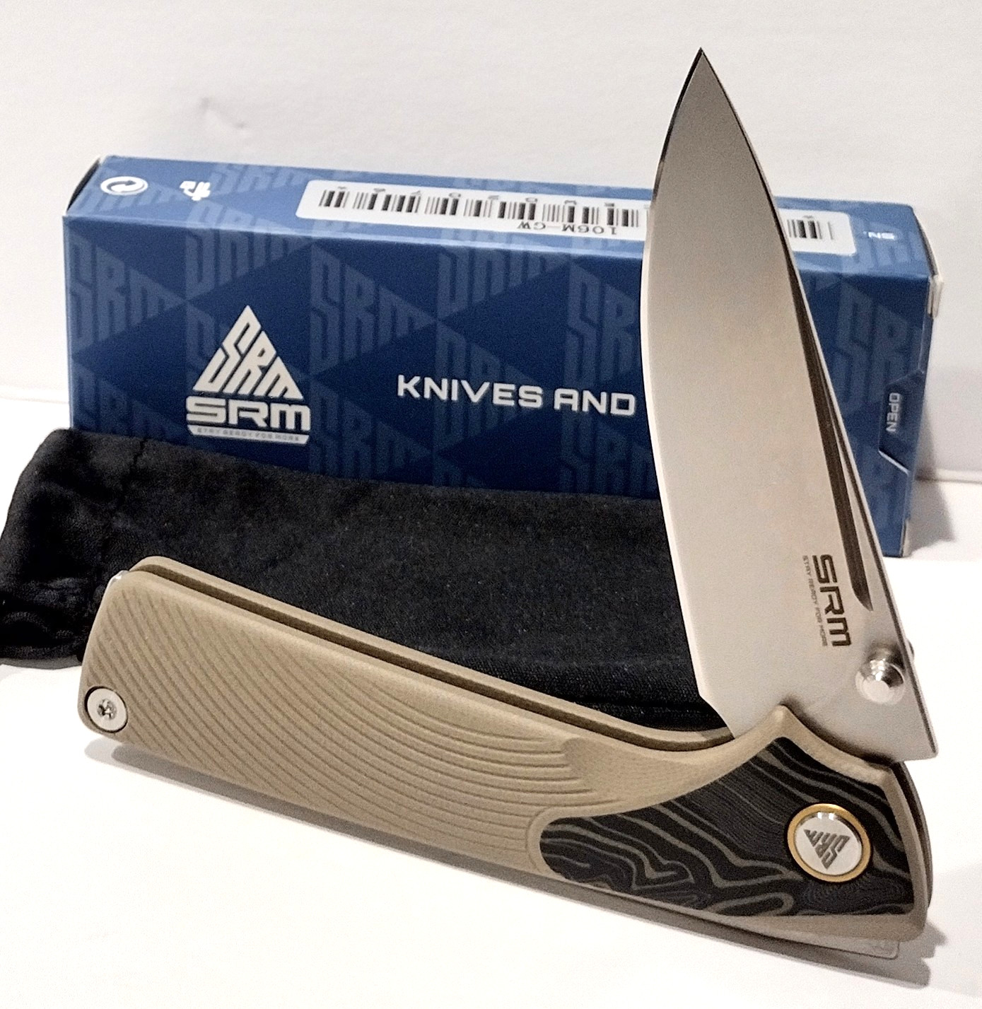 SRM Knives Black Desert Tan G-10 Sandvik Drop Point Blade Slipjoint Pocket Knife