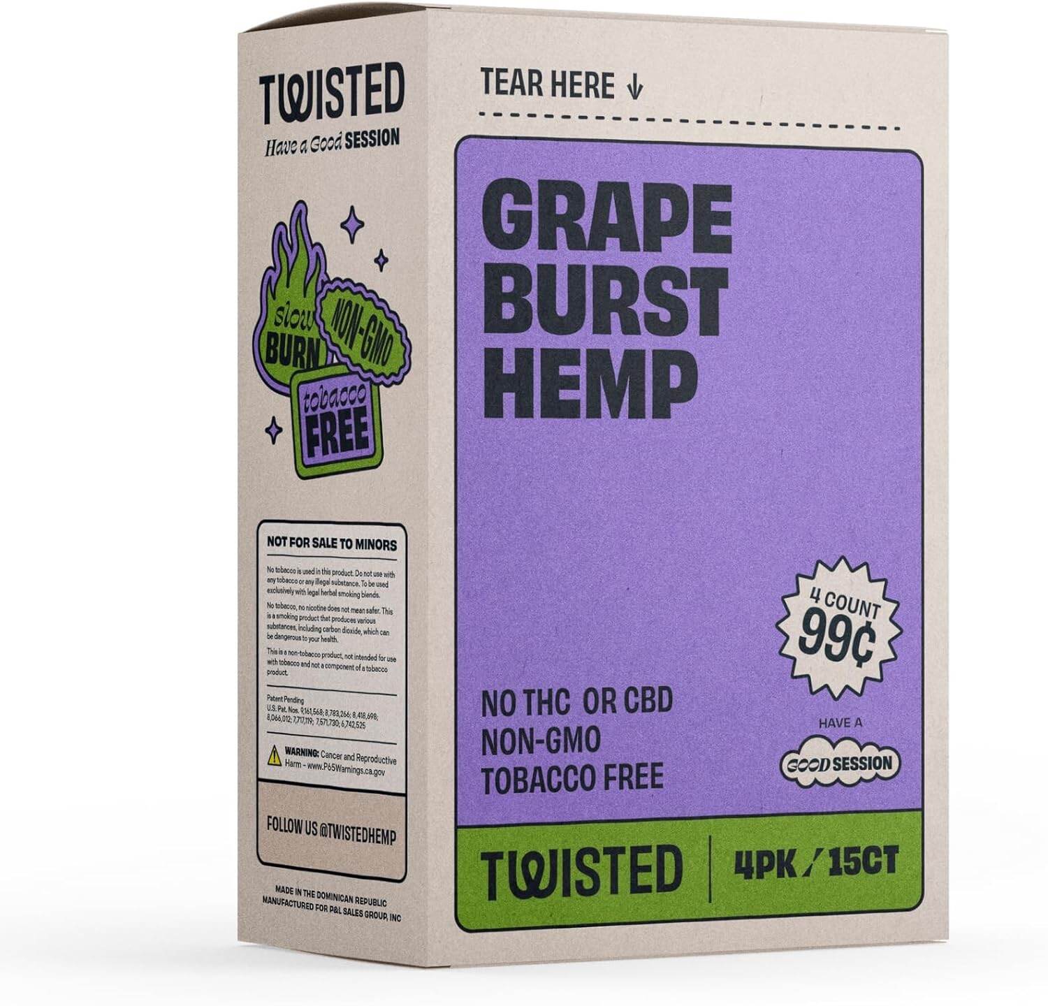 Twisted Hemp 4 Leaf per Pack 15 Count Box 60 Rolling Papers (Grape Burst)