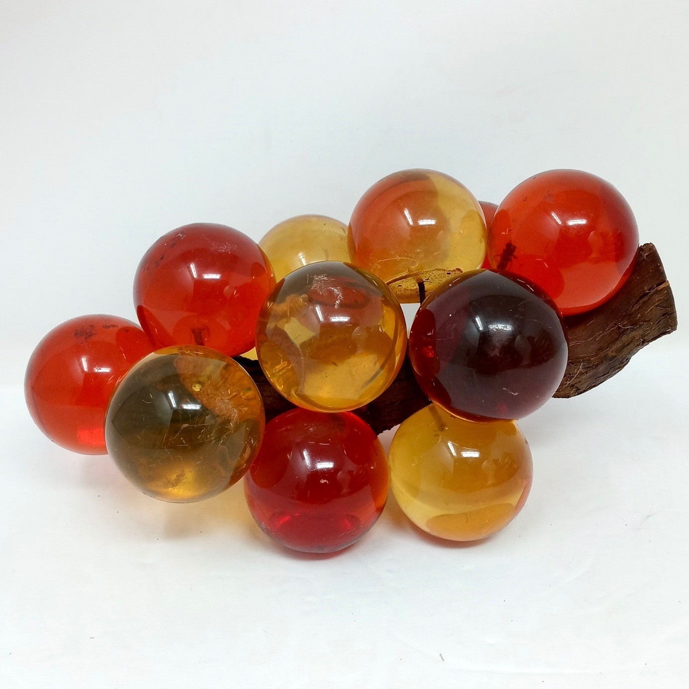 Vintage MCM Orange Amber Honey Large Lucite Cluster Of Grapes on Driftwood Stem