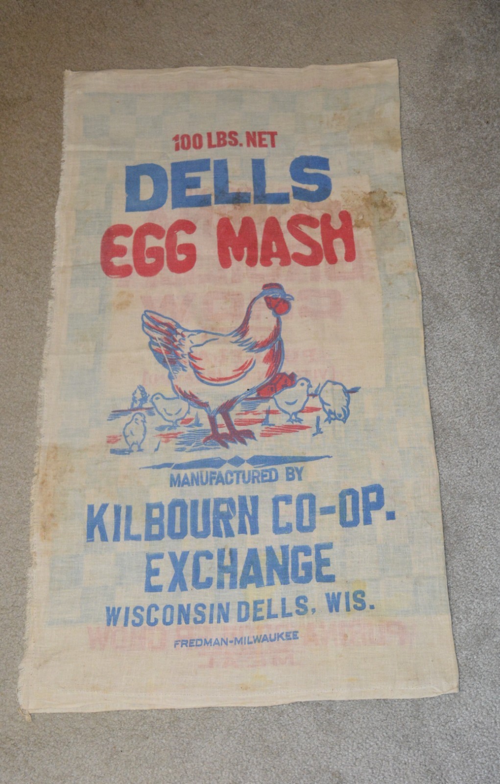 Antique WI DELLS Egg Mash Feed Sack Linen 100 LB. Kilbourn Coop Fredman-MKE