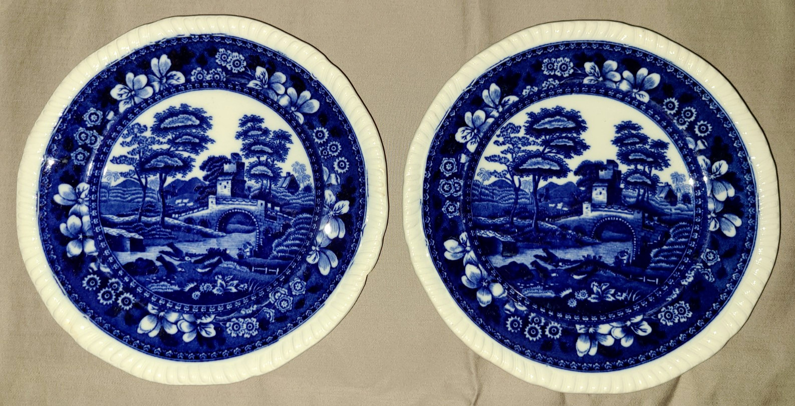 Pair vtg Copeland Spode’s Tower gadroon edge blue & white bread plates, old mark