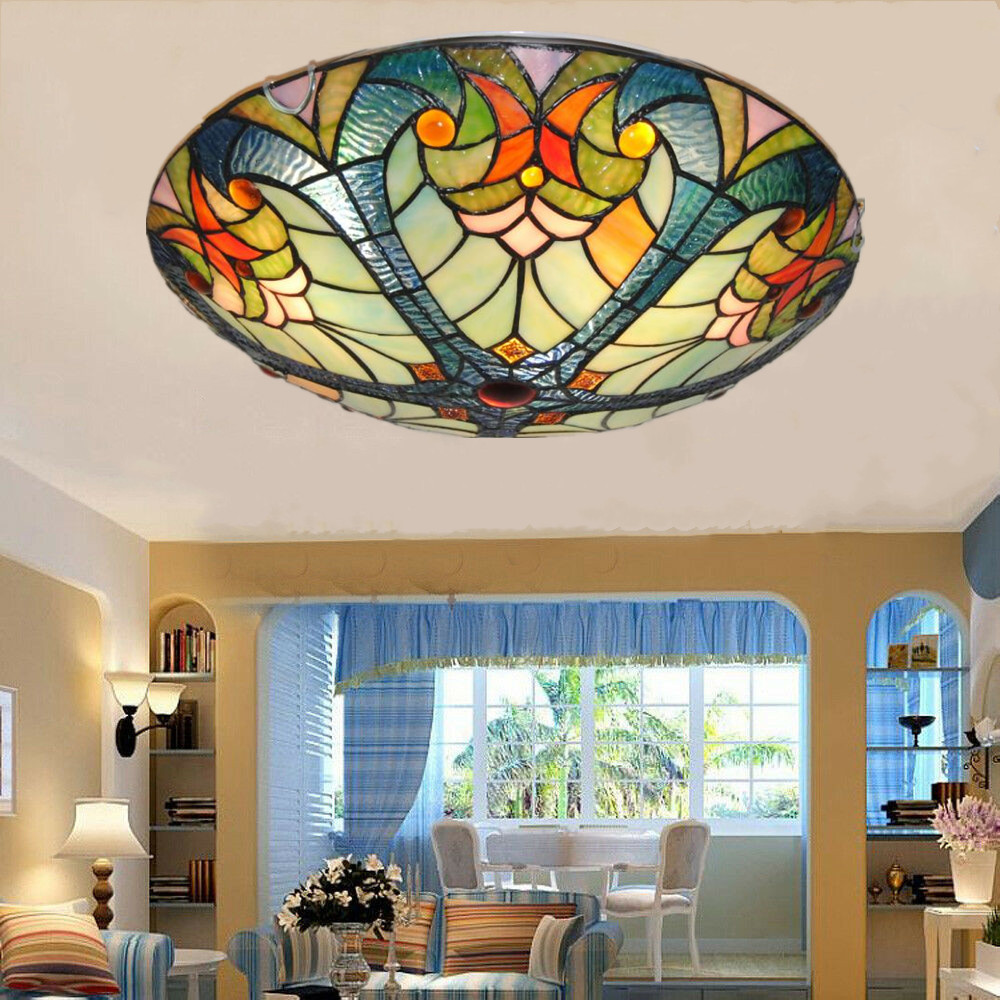 16″ Tiffany Flush Mount Ceiling Light,Vintage 3-Light Stained Glass Chandeliers
