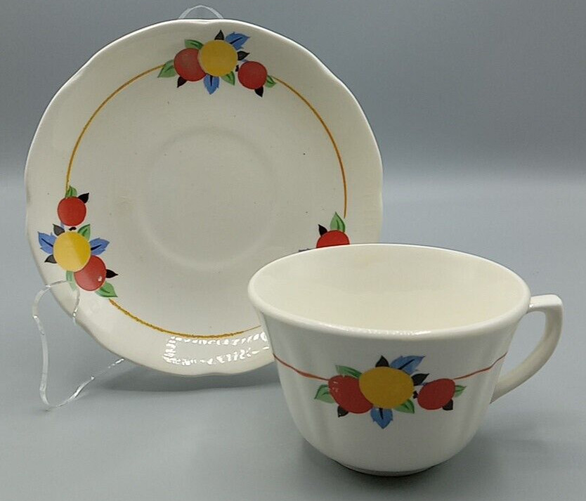 Colorful Red and Yellow Fruit Ball Design Teacup & Saucer Set Vintage Unmarked