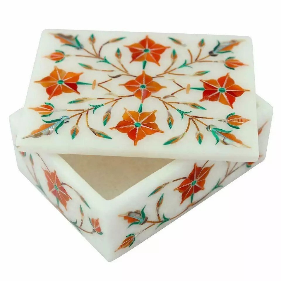 Marble Trinket Jewelry Box Semi Precious Stone Handmade Inlay work