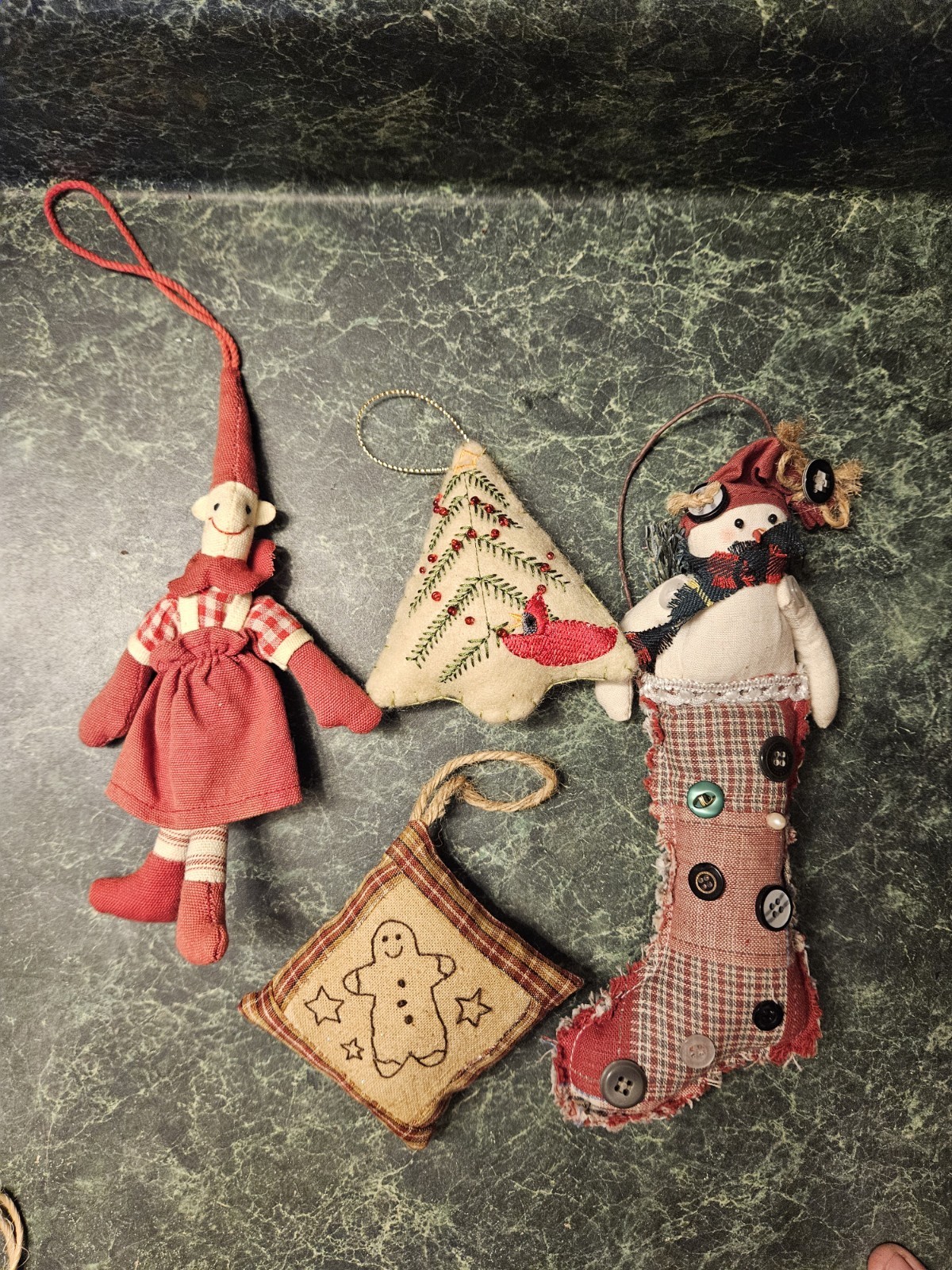 Lot 4 Primitive Christmas Ornaments Handmade Folk Art Style Snowman Elf Gingerbr
