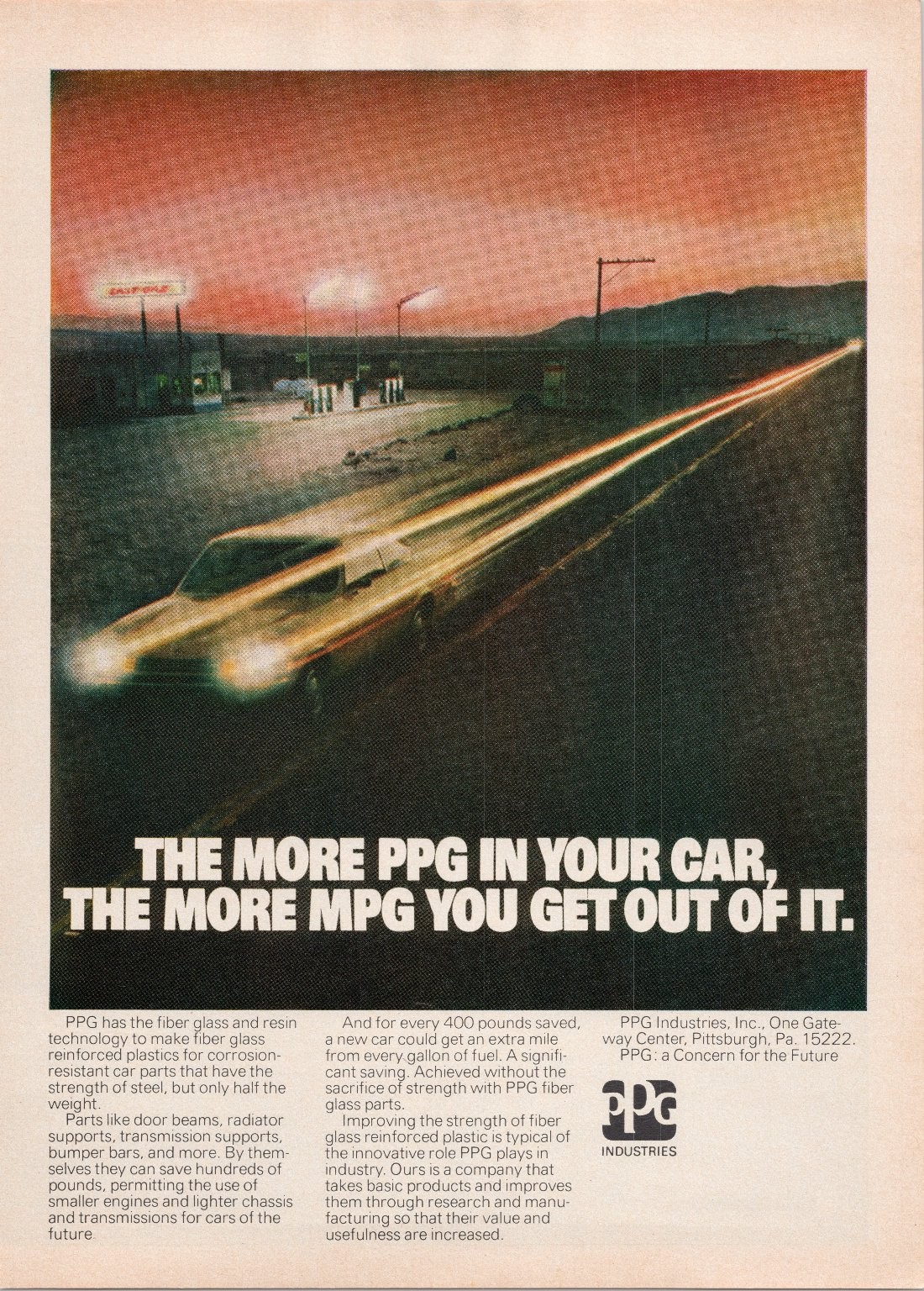 PPG Industries 1970s Vintage Print Ad Fiberglass Car Parts MPG Fuel