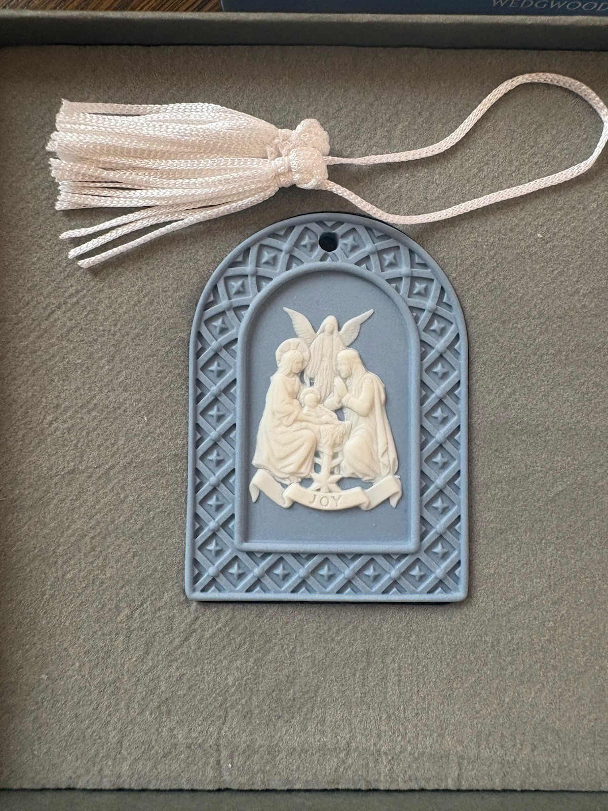 Wedgwood Jasperware Nativity Christmas Ornament Blue Lattice White “JOY” NIB