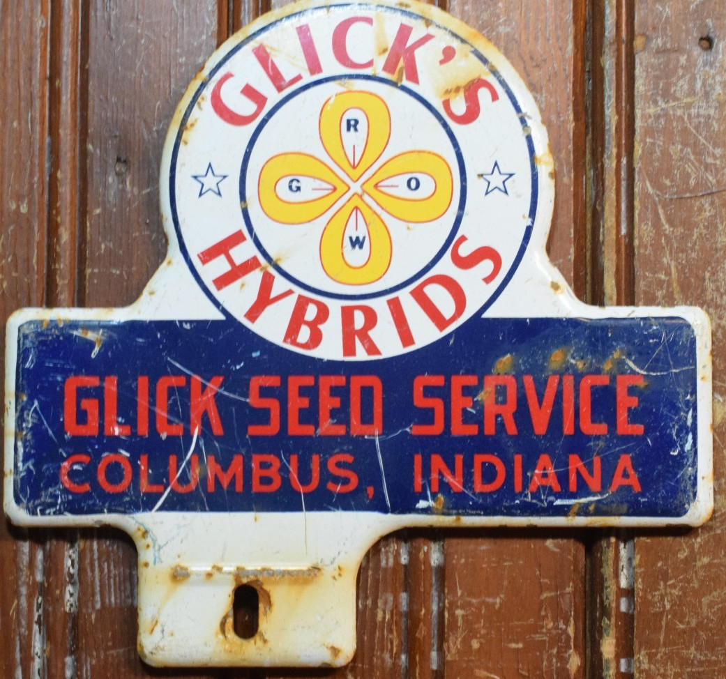 GLICK HYBRID SEED STAMPED PAINTED METAL TOPPER SIGN COLUMBUS INDIANA CIRCA 1950s