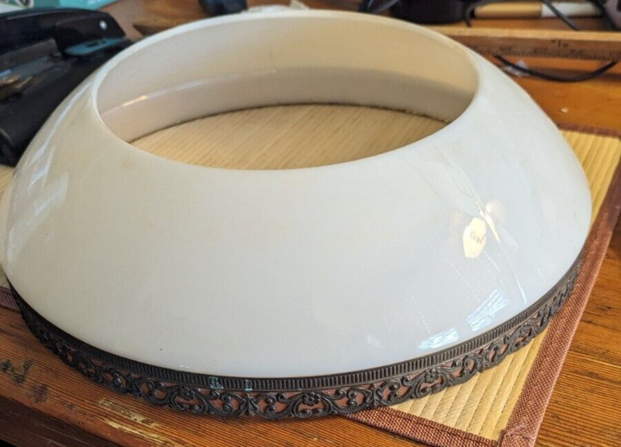 Vintage milkglass lamp shade, metal trim bottom diameter 12″ Top opening 7 1/4″