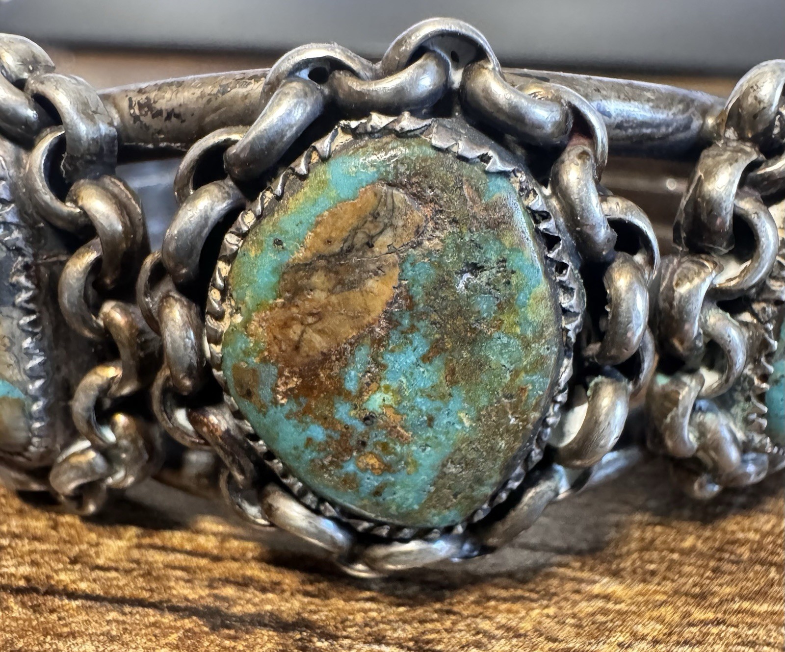 Coin Silver and Turquoise Cuff Bracelet – Early Vintage Southwestern – 1920s-40s