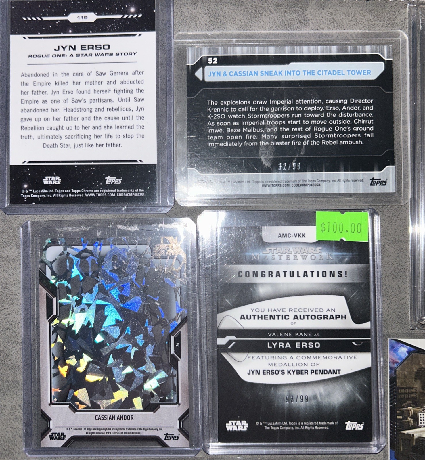 Star Wars Rogue One Cassian Andor Jyn Erso serial numbered & Bonus trading Cards