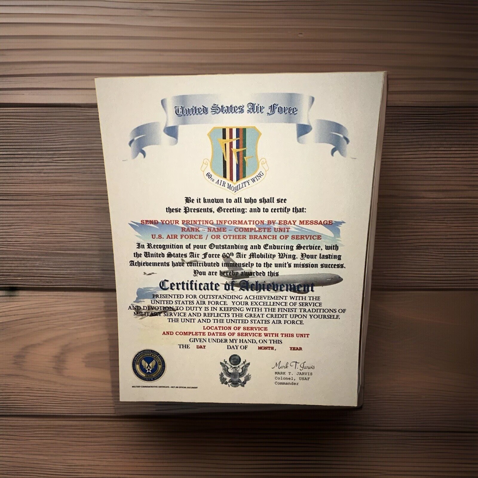 U.S.A.F. / AIR FORCE 60TH AIR MOBILITY WING – CERTIFICATE OF ACHIEVEMENT
