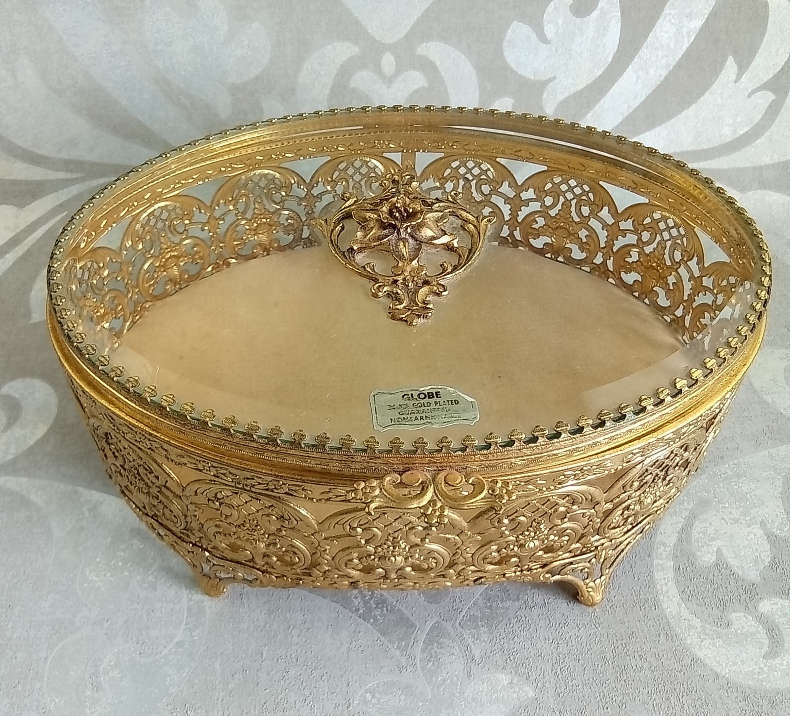 Globe 24k Gold Plate Bevel Glass Footed Jewelry Filigree Regency Casket Box 8×6″