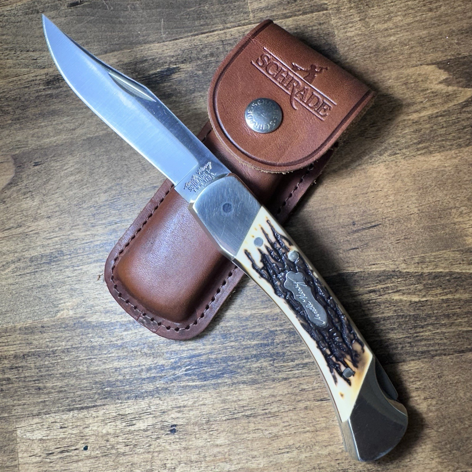 Vintage Schrade+ USA Uncle Henry LB8 Papa Bear Lockback Knife Staglon Sheath