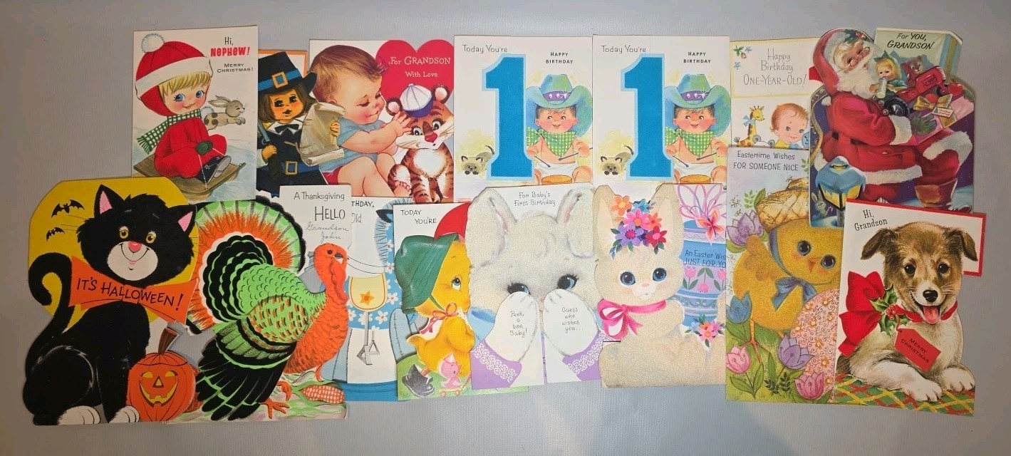 QTY 15 VTG Flocked Holiday Greeting Cards Easter Christmas Halloween Birthday