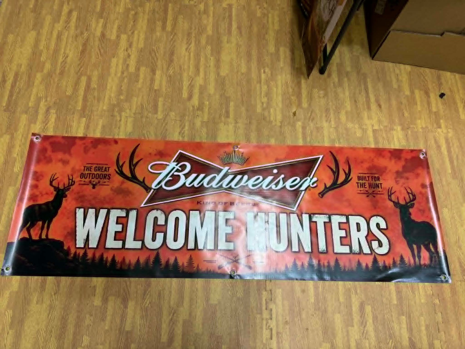 Budweiser Welcome Hunters Banner 60×20 Hunting Decor Sign, Deer Camp Beer Banner
