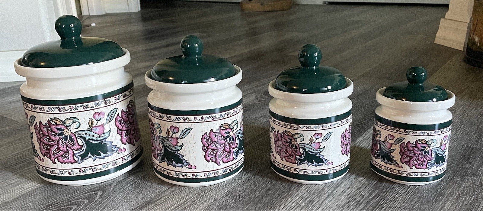 Preferred Stock ‘Paisley Garden” Canister Set Of 4 Green Pink White Vintage Read
