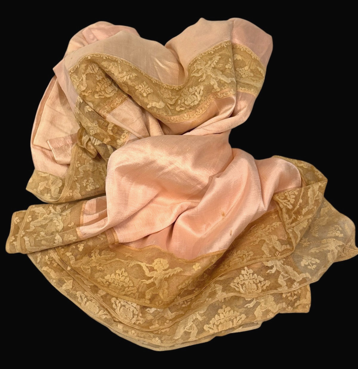 Antique Victorian Edwardian Angel Cherub Lace Silk Crepe Bed Spread Coverlet