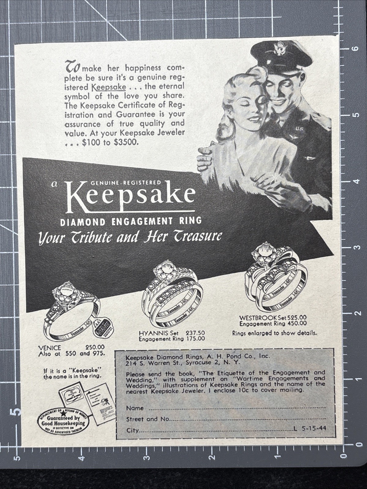 Keepsake Diamond Engagement Ring WWII Vintage Print Ad 1944 Military