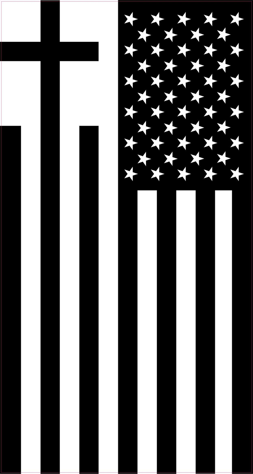 3.8in x 7in Black and White Cross American Flag Vinyl Sticker Car Bumper Decal