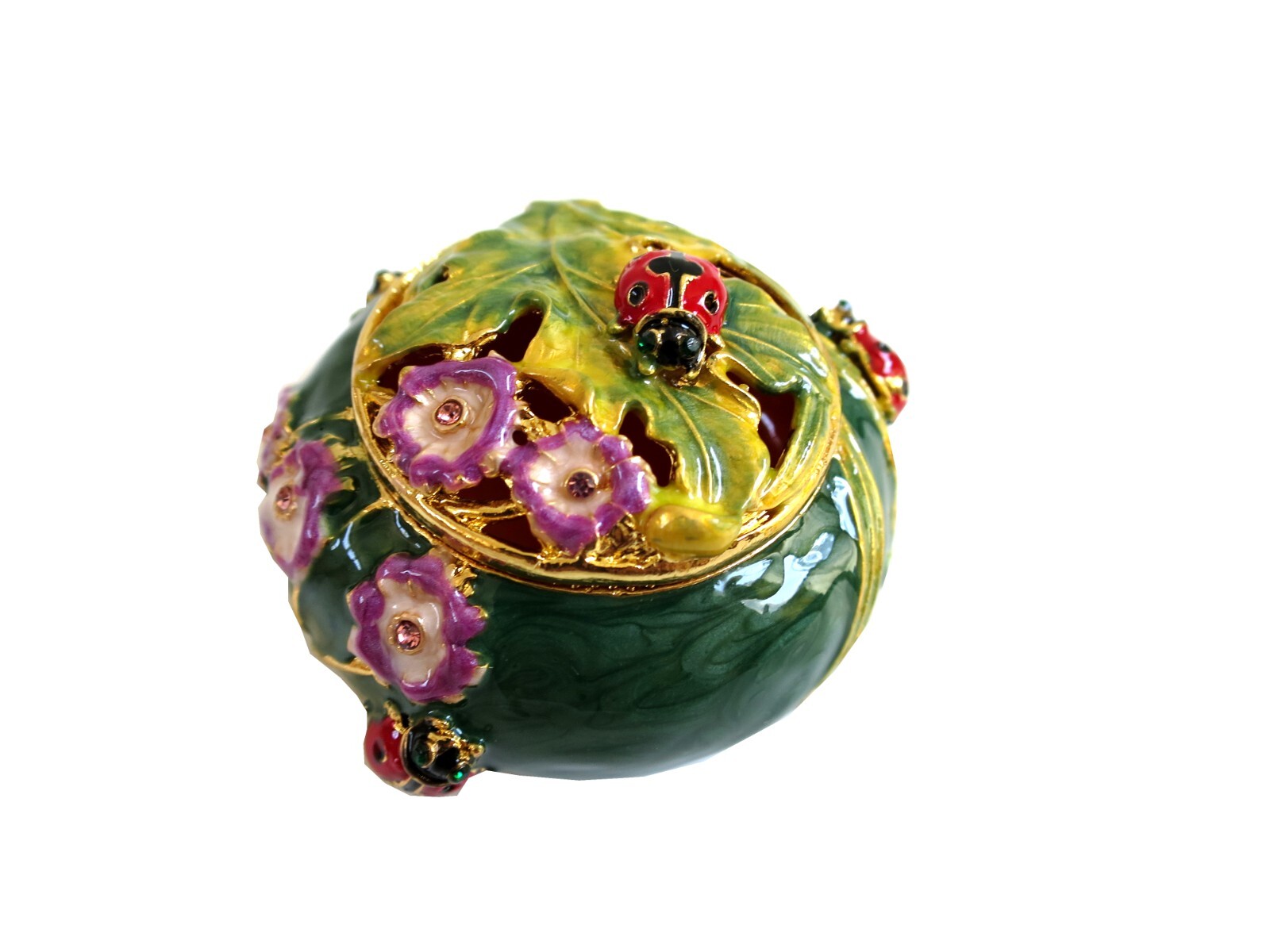 Bejeweled ladybug on leaf Hinged Metal Enameled Crystal Trinket box