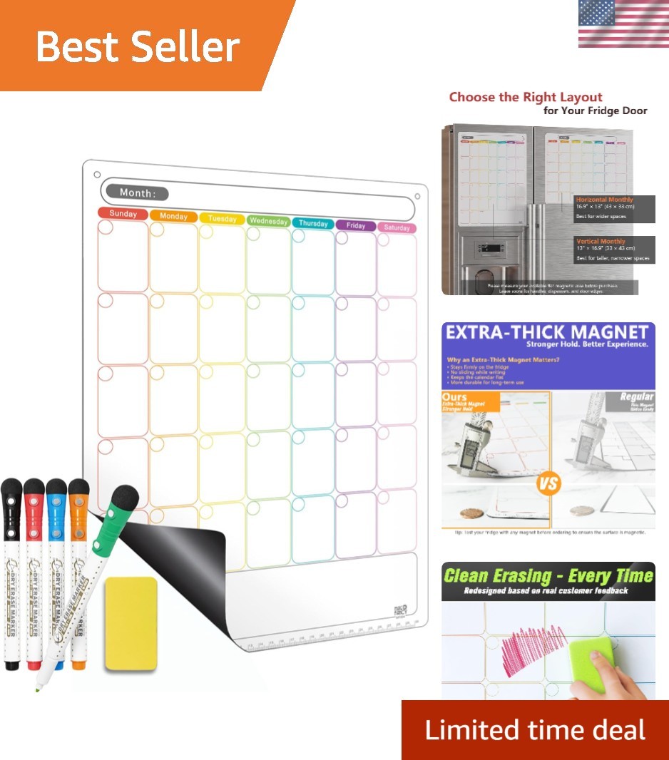 Compact Magnetic Monthly Planner for Fridge | Easy-Clean Dry Erase Surface