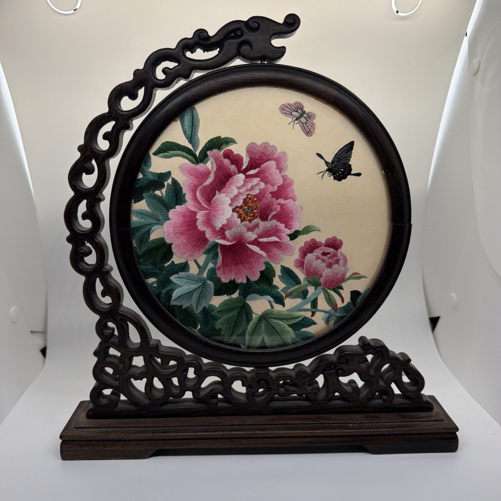 Asian Silk Floral Embroidery Double Sided Hand Carved Wood Rotating Frame